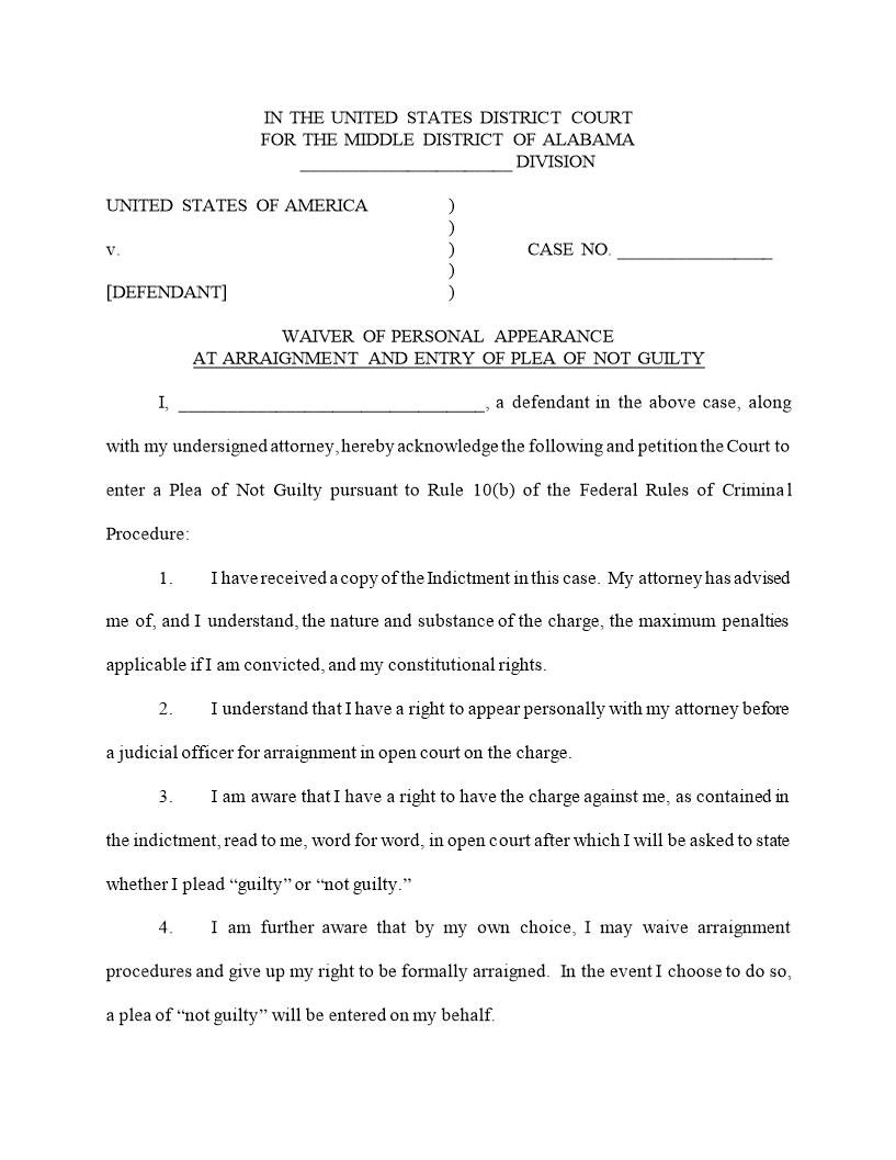 Waiver Of Personal Appearance At Arraignment And Entry Of Guilty Plea | Pdf Fpdf Docx | Alabama