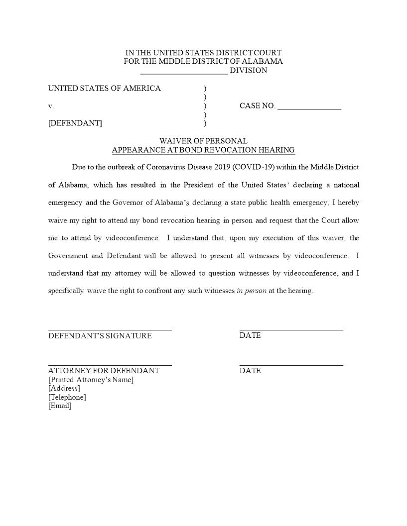 Waiver Of Personal Appearance At Bond Revocation Hearing | Pdf Fpdf Docx | Alabama