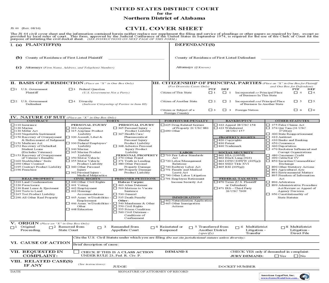Civil Cover Sheet {JS 44} | Pdf Fpdf Doc Docx | Alabama
