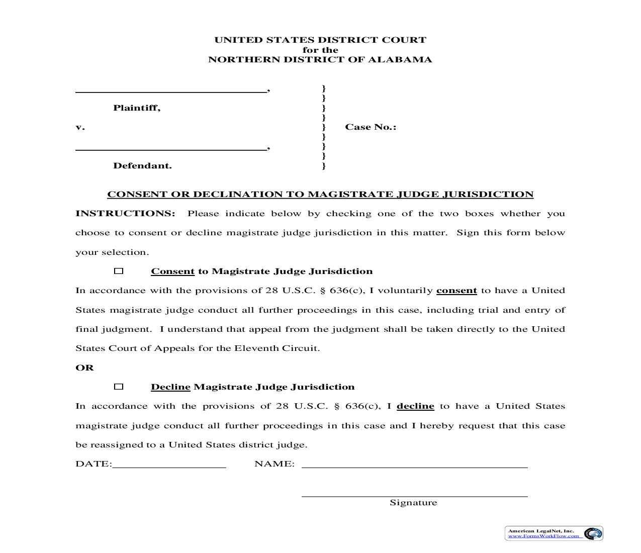 Consent Or Declination To Magistrate Judge Jurisdiction | Pdf Fpdf Doc Docx | Alabama
