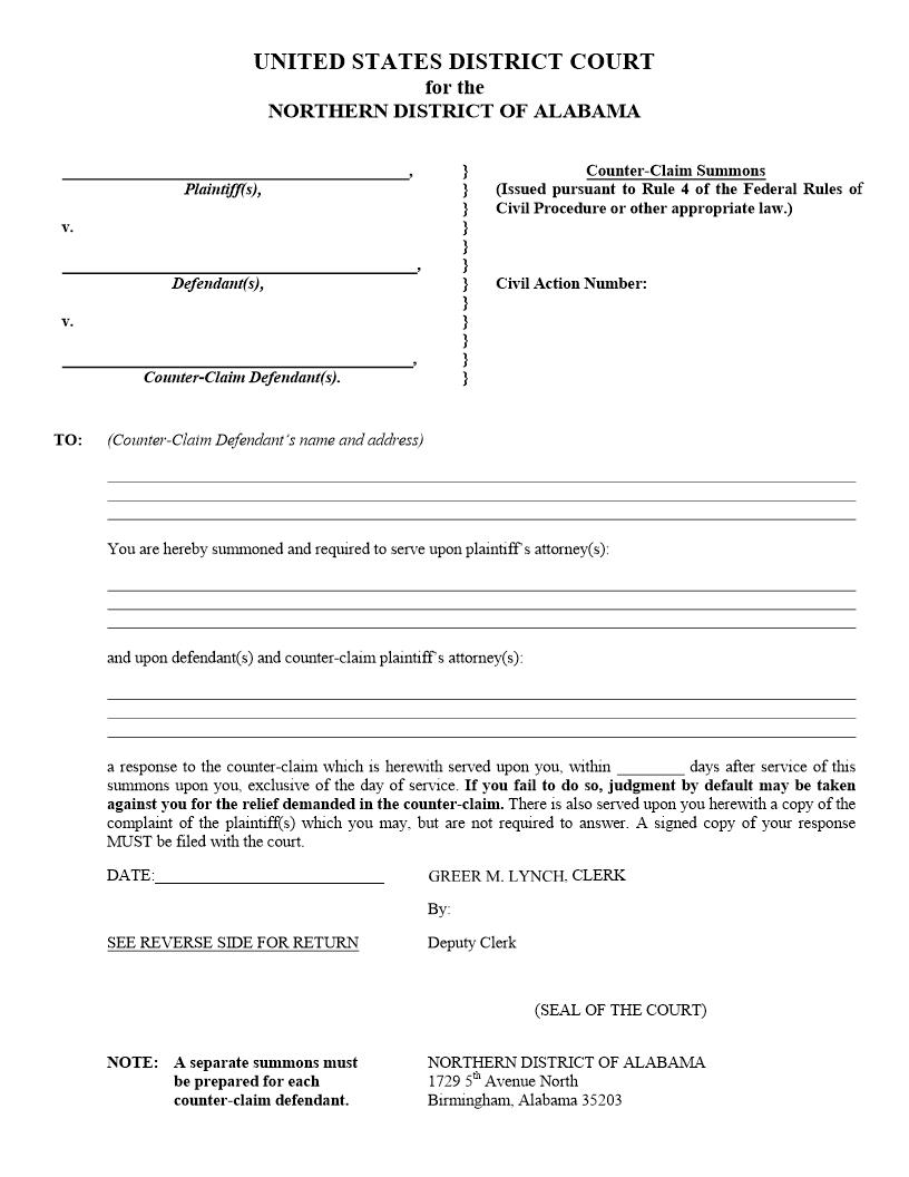 Counter-Claim Summons | Pdf Fpdf Doc Docx | Alabama