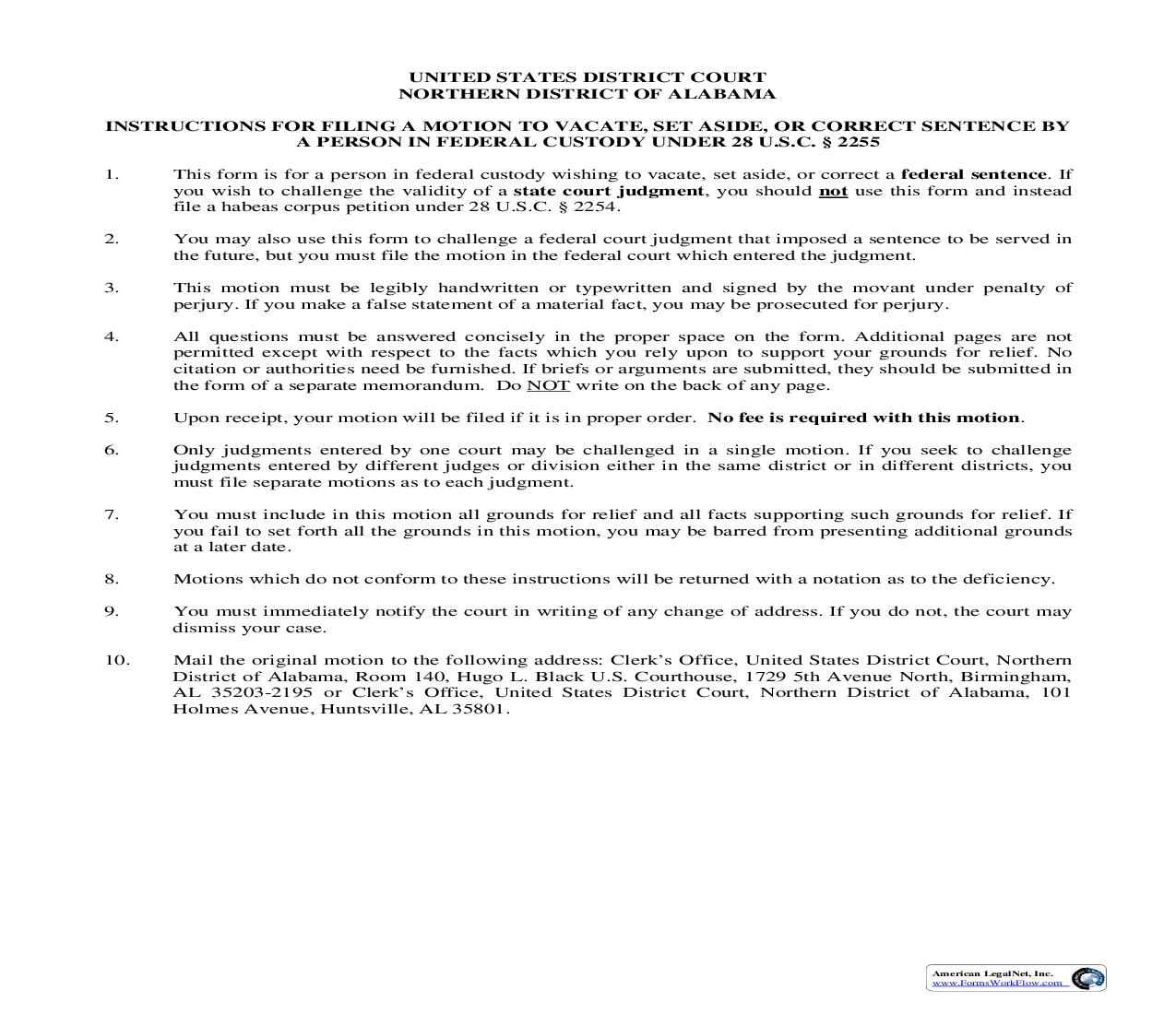 Motion To Vacate Or Set Aside Or Correct Sentence {AO 243} | Pdf Fpdf Doc Docx | Alabama