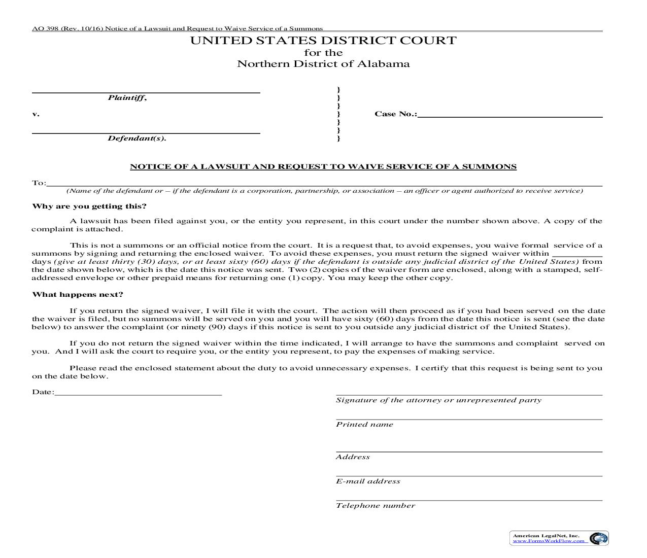 Notice Of Lawsuit And Request To Waive Service Of Summons {AO 398} | Pdf Fpdf Doc Docx | Alabama