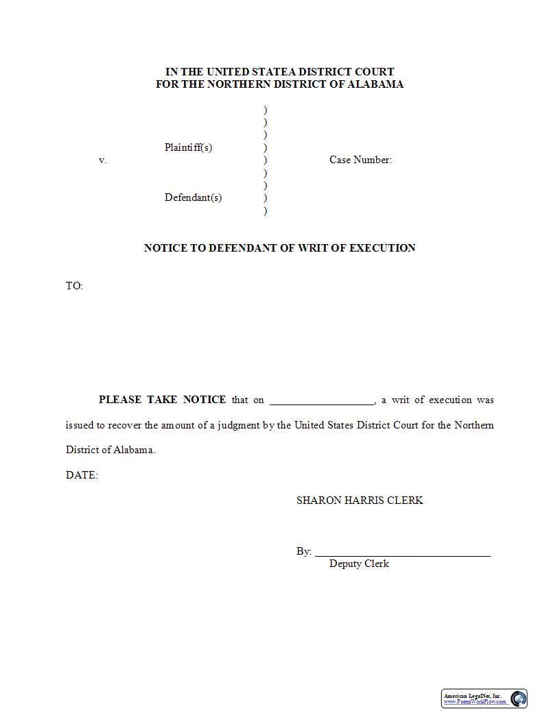 Notice To Defendant Of Writ Of Execution | Pdf Fpdf Docx | Alabama