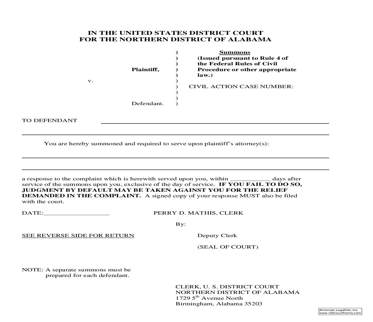 Summons - Birmingham | Pdf Fpdf Docx | Alabama