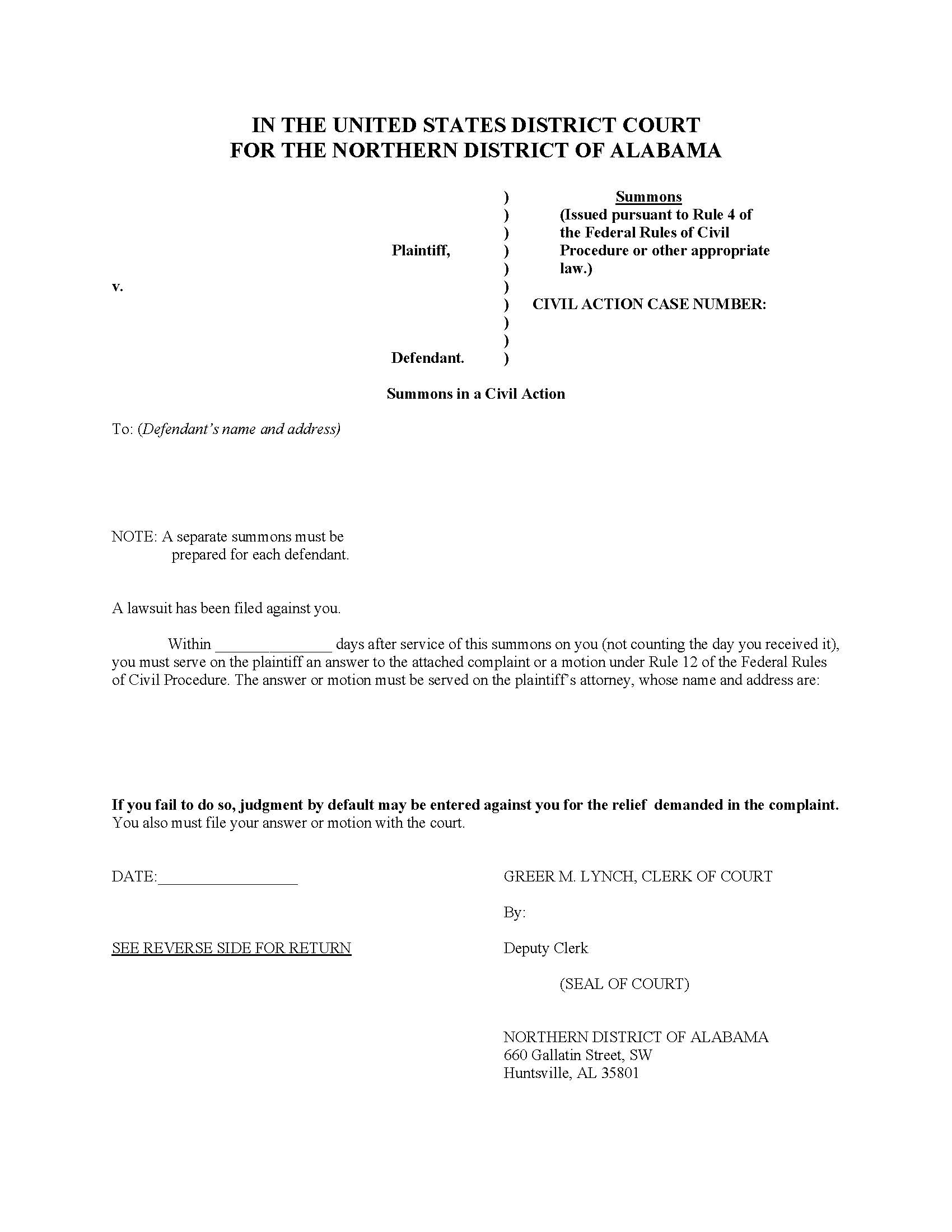 Summons - Huntsville | Pdf Fpdf Docx | Alabama