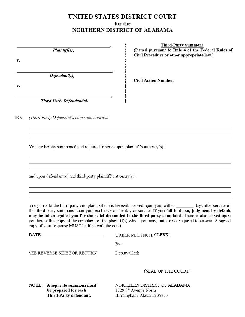 Third-Party Summons | Pdf Fpdf Doc Docx | Alabama