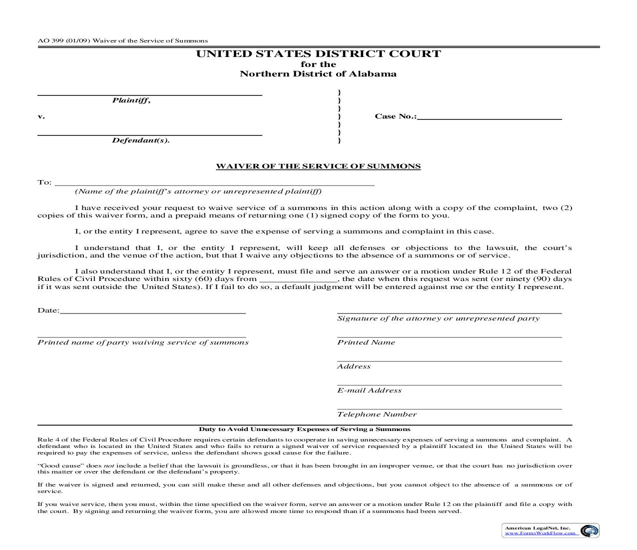 Waiver Of The Service Of Summons {AO 399} | Pdf Fpdf Doc Docx | Alabama