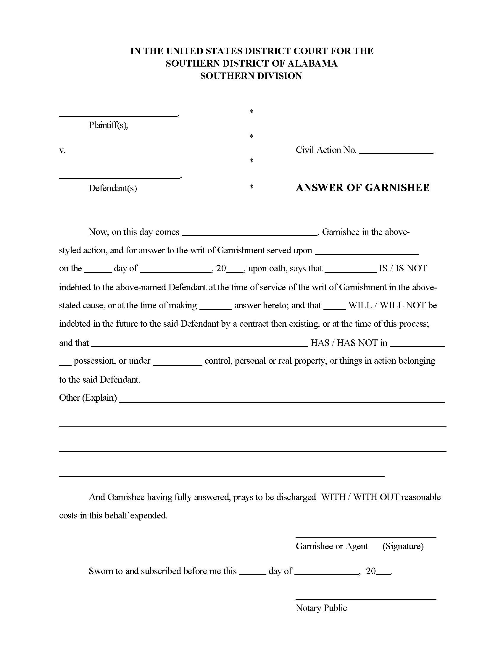 Answer Of Garnishee | Pdf Fpdf Docx | Alabama