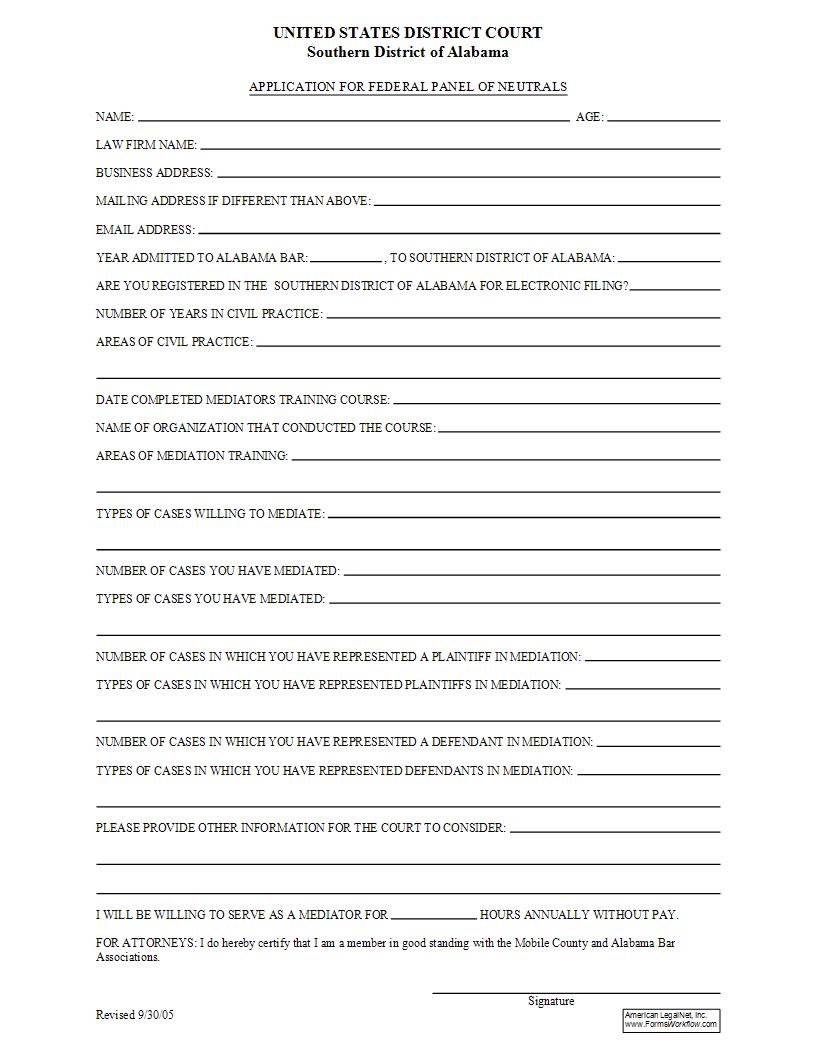 Application For Federal Panel Of Neutrals | Pdf Fpdf Docx | Alabama