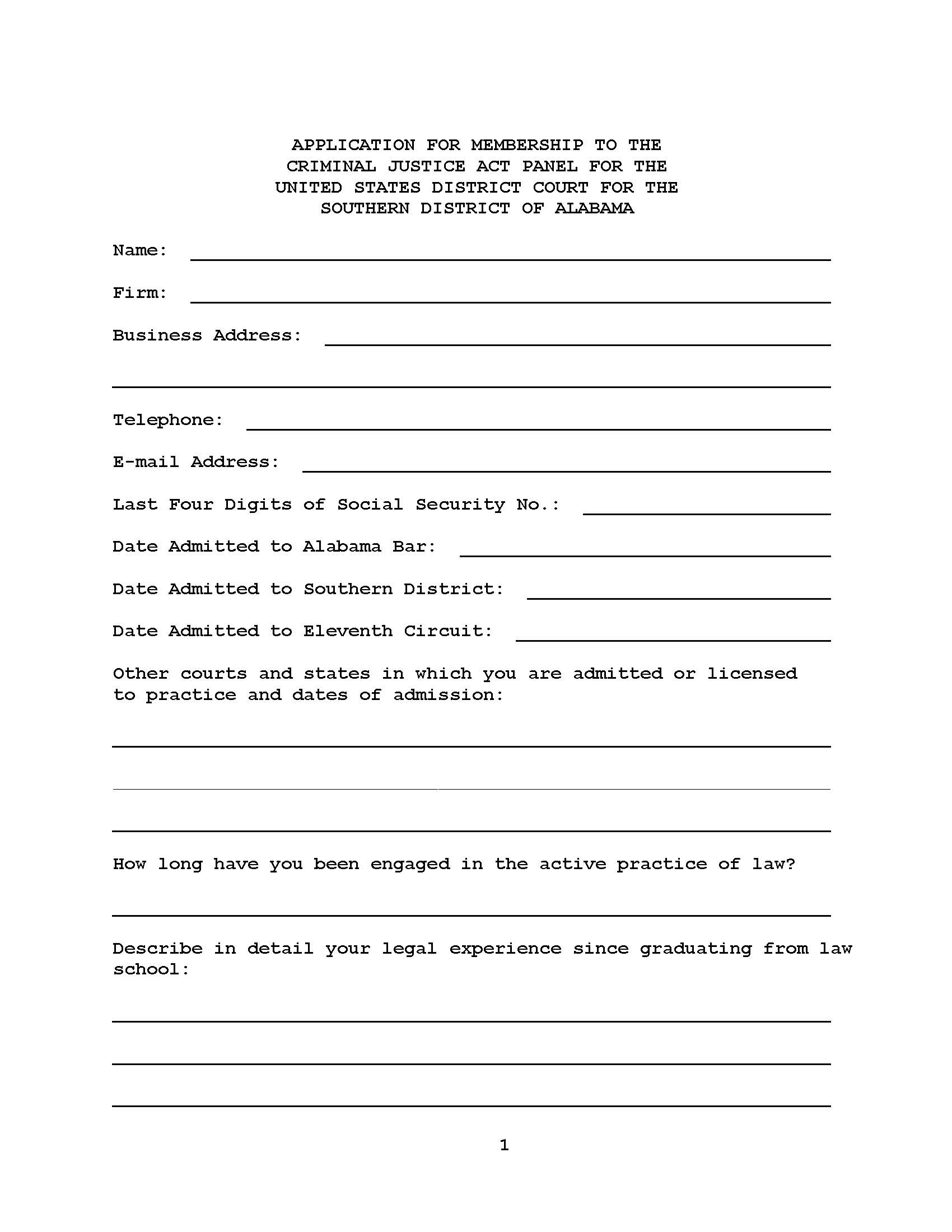 Application For Membership To Criminal Justice Act Panel | Pdf Fpdf Docx | Alabama