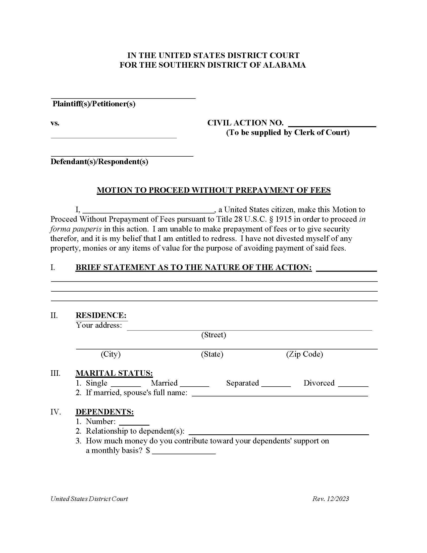 Application To Proceed In Forma Pauperis (IFP) {Local AO 240} |  | Alabama