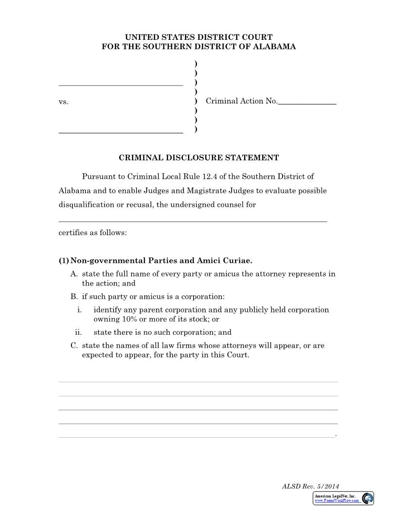 Criminal Disclosure Statement |  | Alabama
