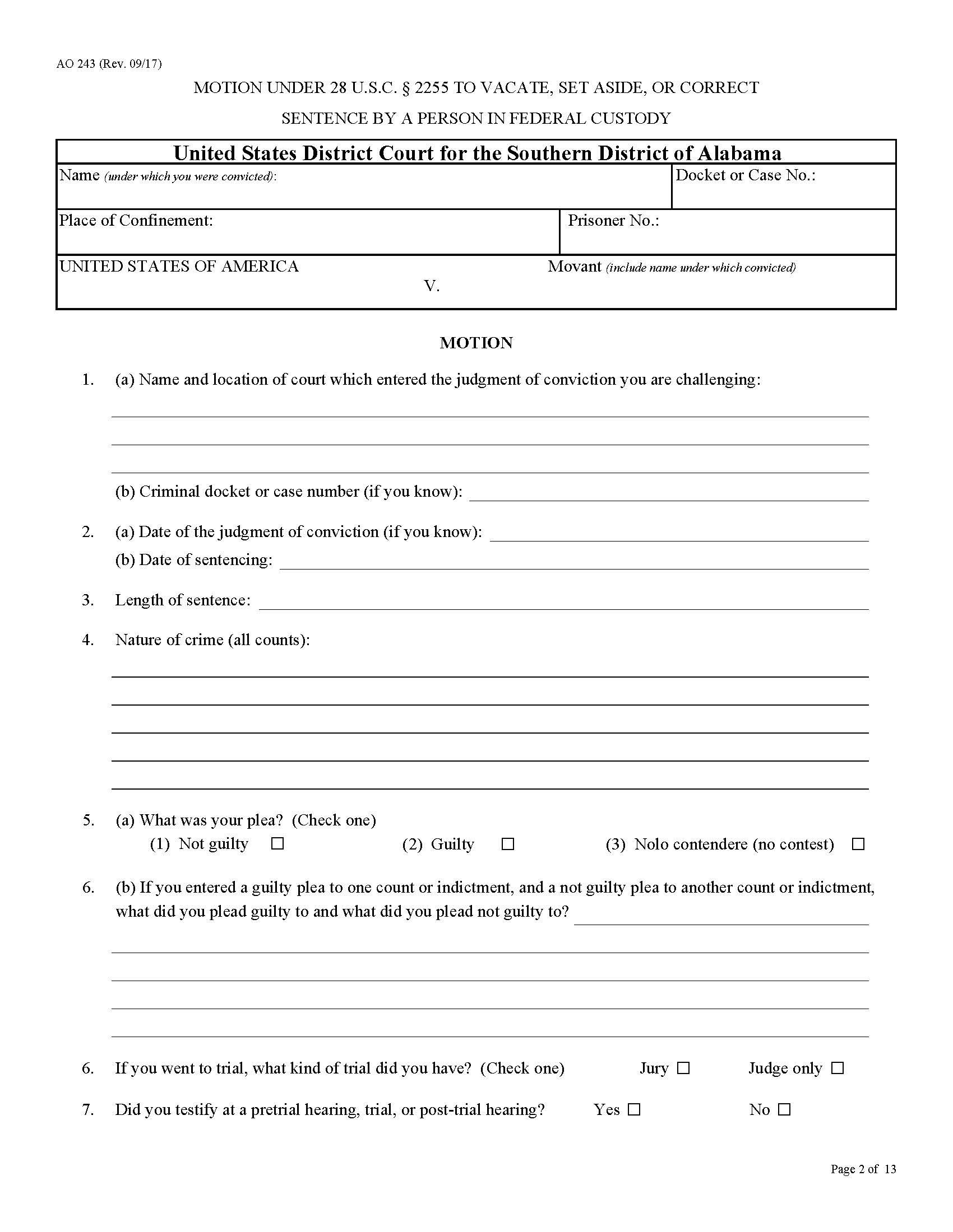 Motion To Vacate Set Aside Or Correct Sentence {Local AO 243} |  | Alabama