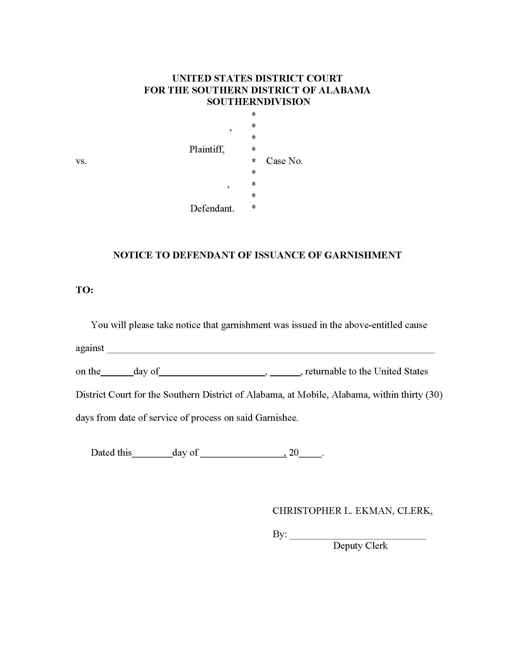 Notice To Defendant Of Issuance Of Garnishment | Pdf Fpdf Docx | Alabama