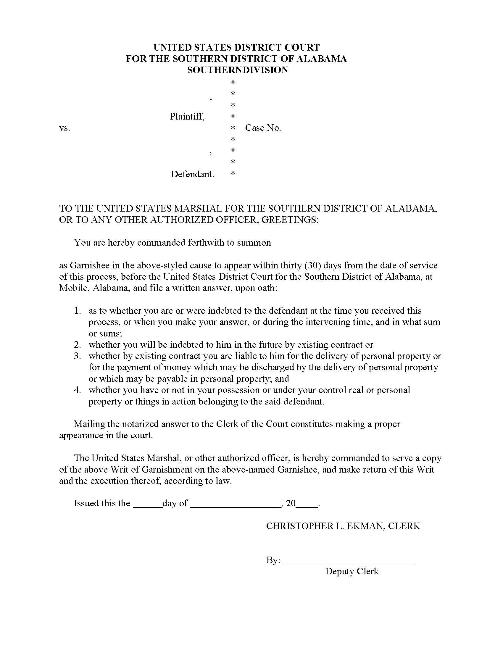 Writ Of Garnishment | Pdf Fpdf Docx | Alabama