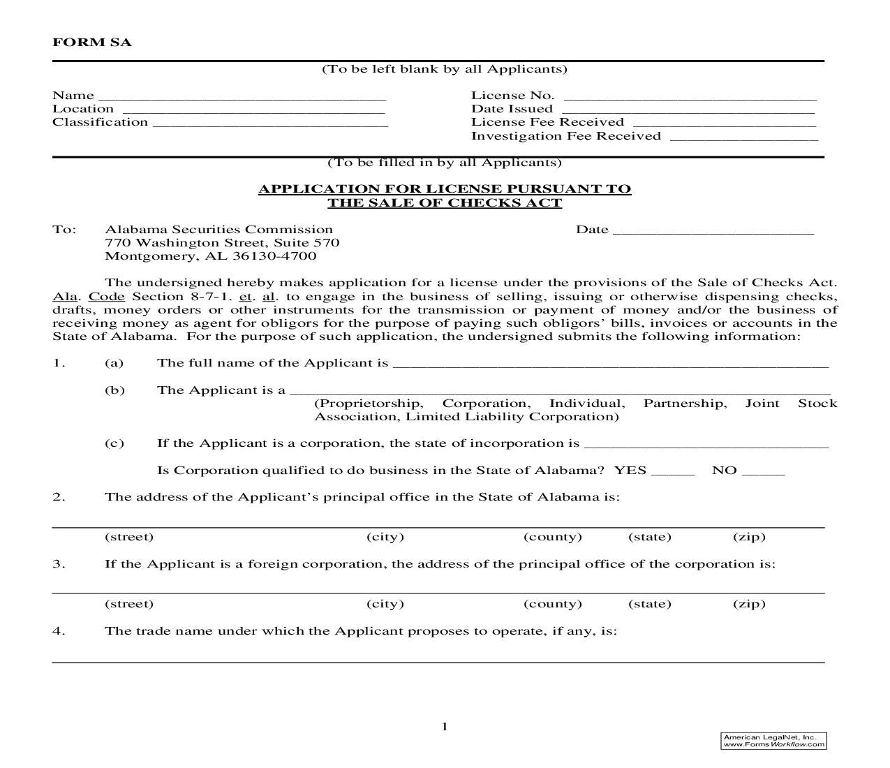 Application Blank For License Pursuant To Sale Of Checks Act {SA} | Pdf Fpdf Doc Docx | Alabama