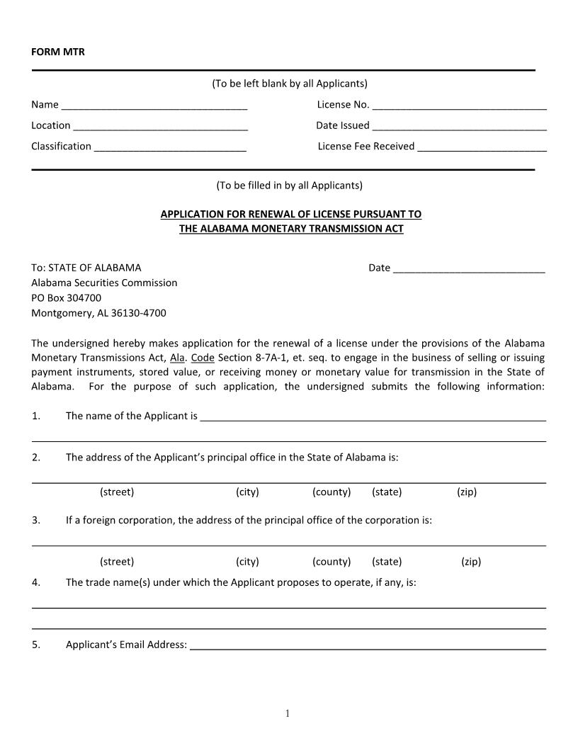 Application For License Renewal {MTR} | Pdf Fpdf Docx | Alabama