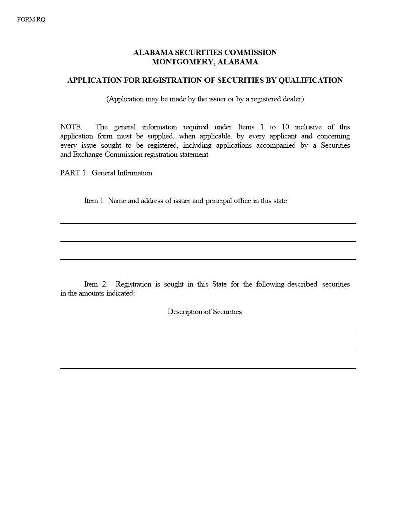 Application For Registration Of Securities By Qualification {RQ} | Pdf Fpdf Doc Docx | Alabama