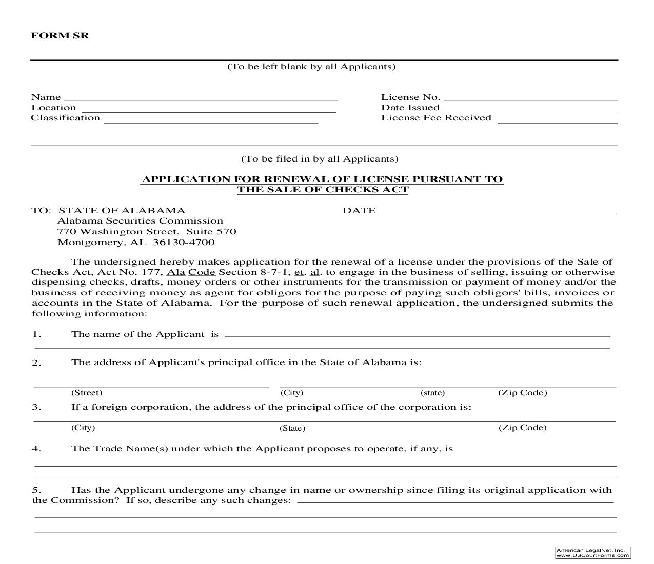 Application For Renewal Of License Pursuant To Sale Of Checks Act {SR} | Pdf Fpdf Doc Docx | Alabama