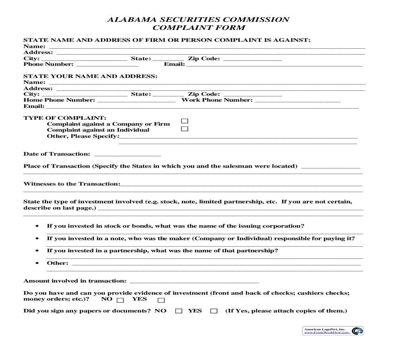Complaint Form  {CF} | Pdf Fpdf Doc Docx | Alabama