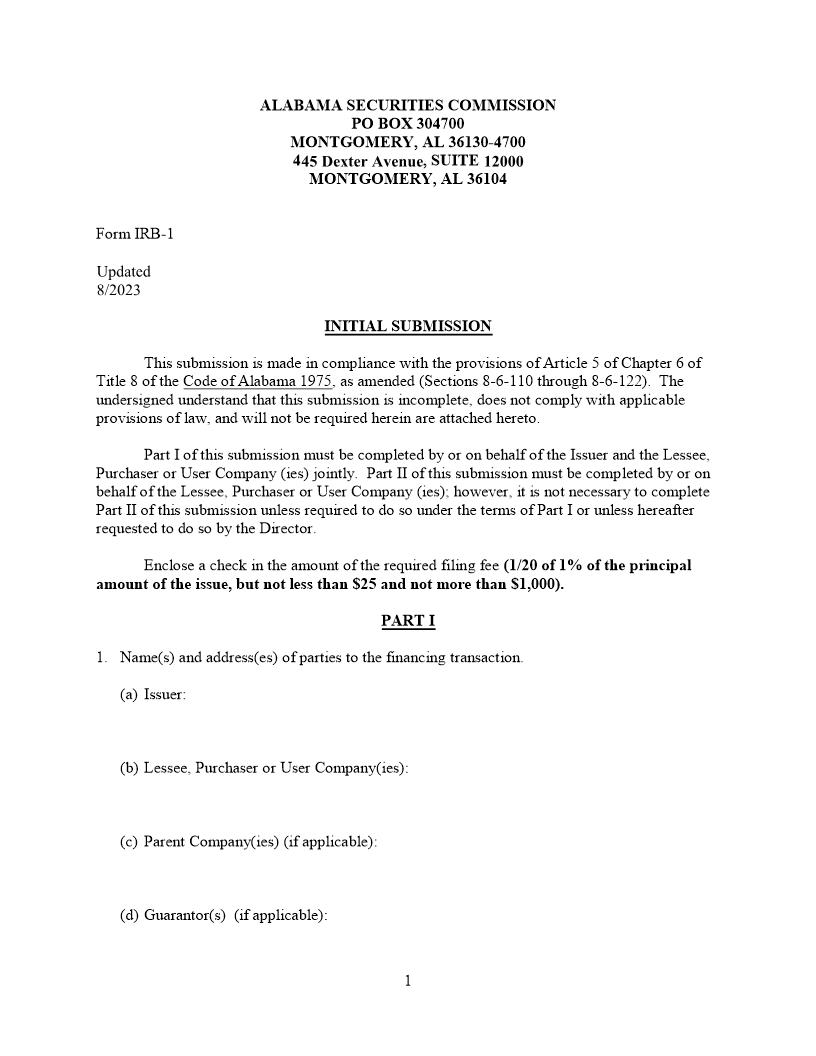 Intial Submission Industrial Bond {IRB-1} | Pdf Fpdf Docx | Alabama