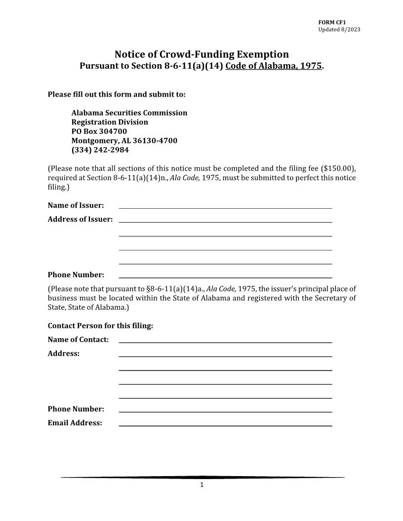 Notice Of Crowd Funding Exemption {CF1} | Pdf Fpdf Docx | Alabama