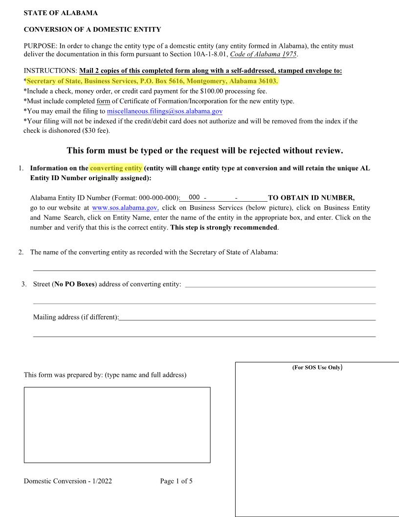 Conversion Of A Domestic Entity | Pdf Fpdf Docx | Alabama