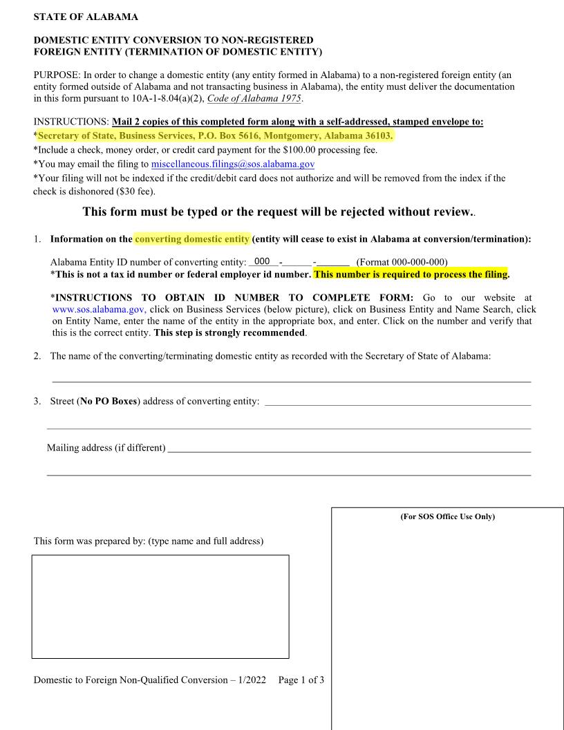 Domestic Entity Conversion To Non-Registered Foreign Entity | Pdf Fpdf Docx | Alabama