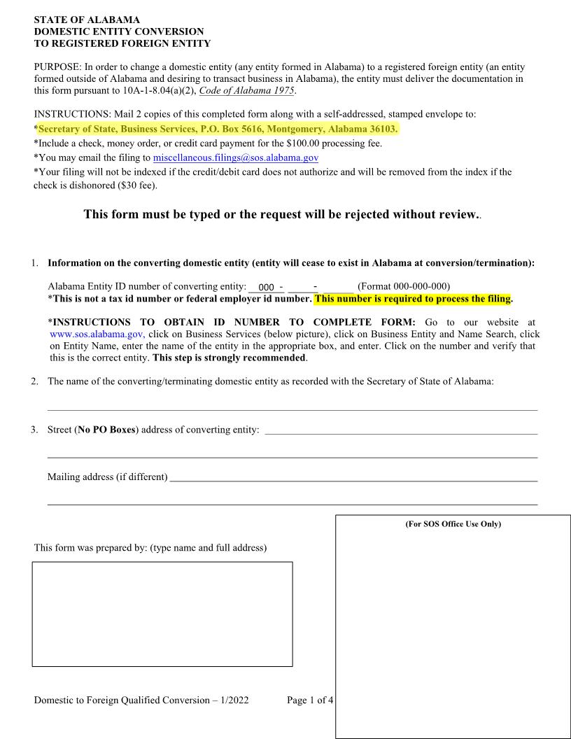 Domestic Entity Conversion To Registered Foreign Entity | Pdf Fpdf Docx | Alabama