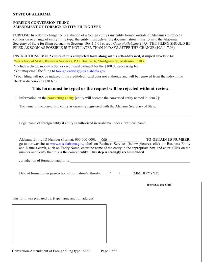 Foreign Conversion Filing Amendment of Foreign Entity Filing Type | Pdf Fpdf Docx | Alabama