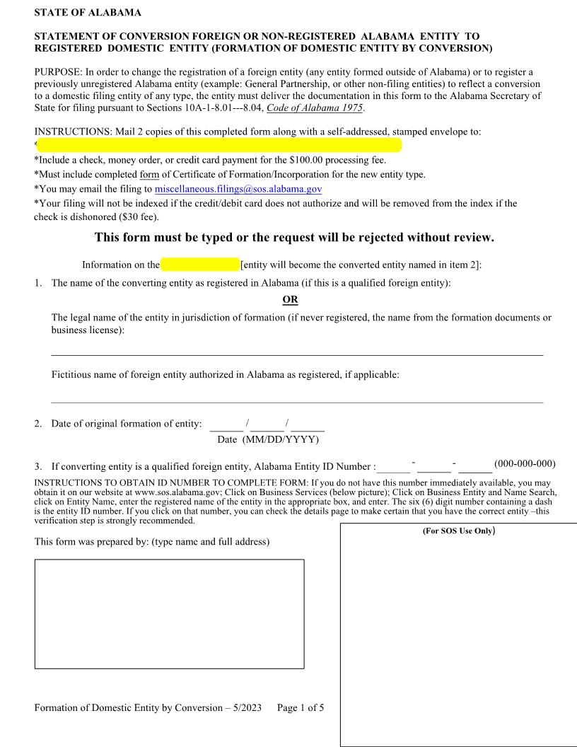 Statement Of Conversion Foreign Or Non-Registered To Registered Domestic | Pdf Fpdf Docx | Alabama
