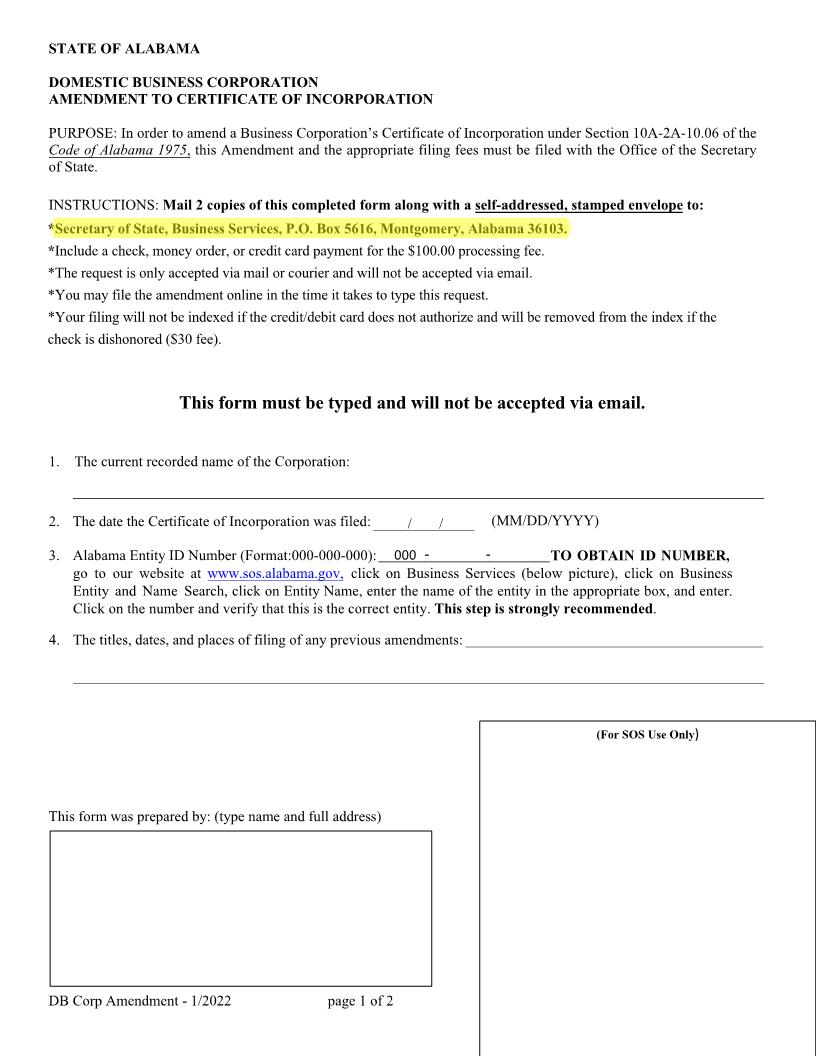 Domestic Business Corporation Amendment To Certificate Of Incorporation | Pdf Fpdf Docx | Alabama