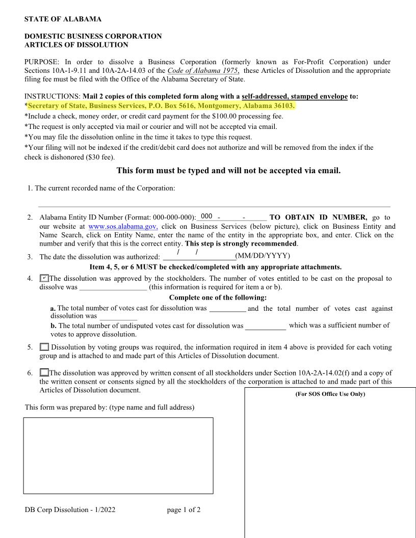 Domestic Business Corporation Articles Of Dissolution | Pdf Fpdf Docx | Alabama