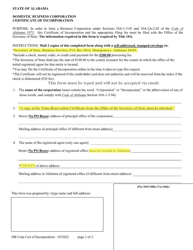Domestic Business Corporation Certificate Of Incorporation | Pdf Fpdf Docx | Alabama