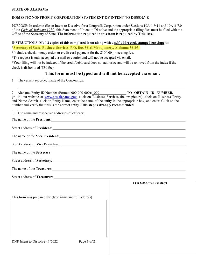 Domestic NonProfit Statement Of Intent To Dissolve | Pdf Fpdf Docx | Alabama