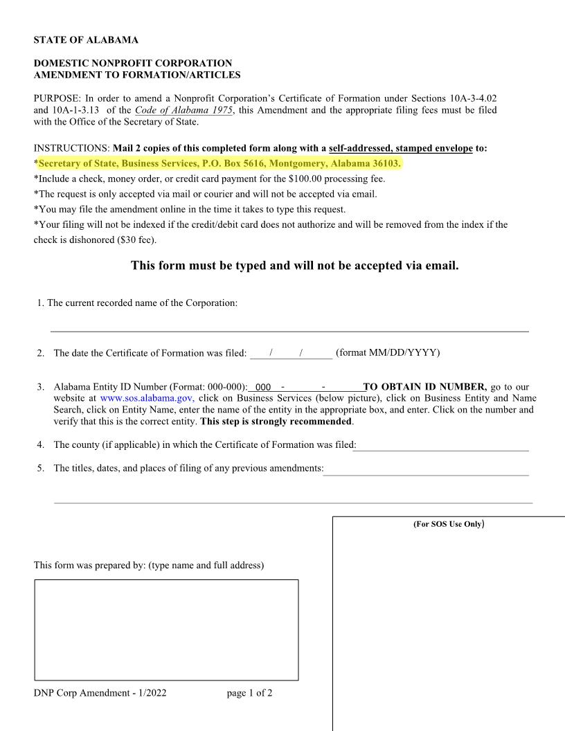 Domestic Nonprofit Corporation Amendment To Formation Articles | Pdf Fpdf Docx | Alabama