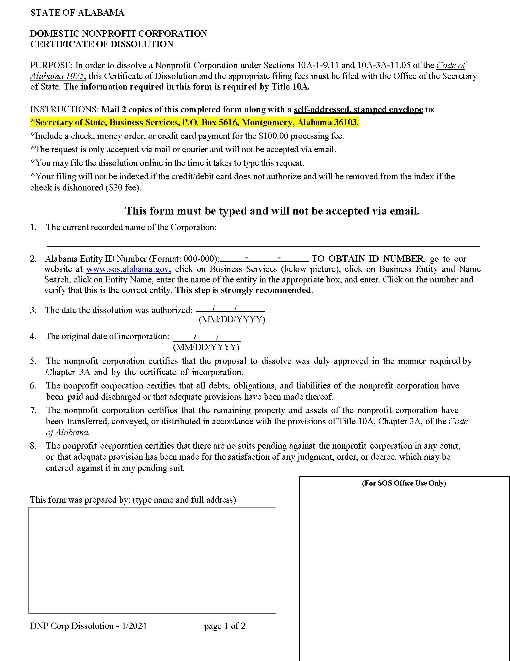 Domestic Nonprofit Corporation Certificate Of Dissolution | Pdf Fpdf Docx | Alabama