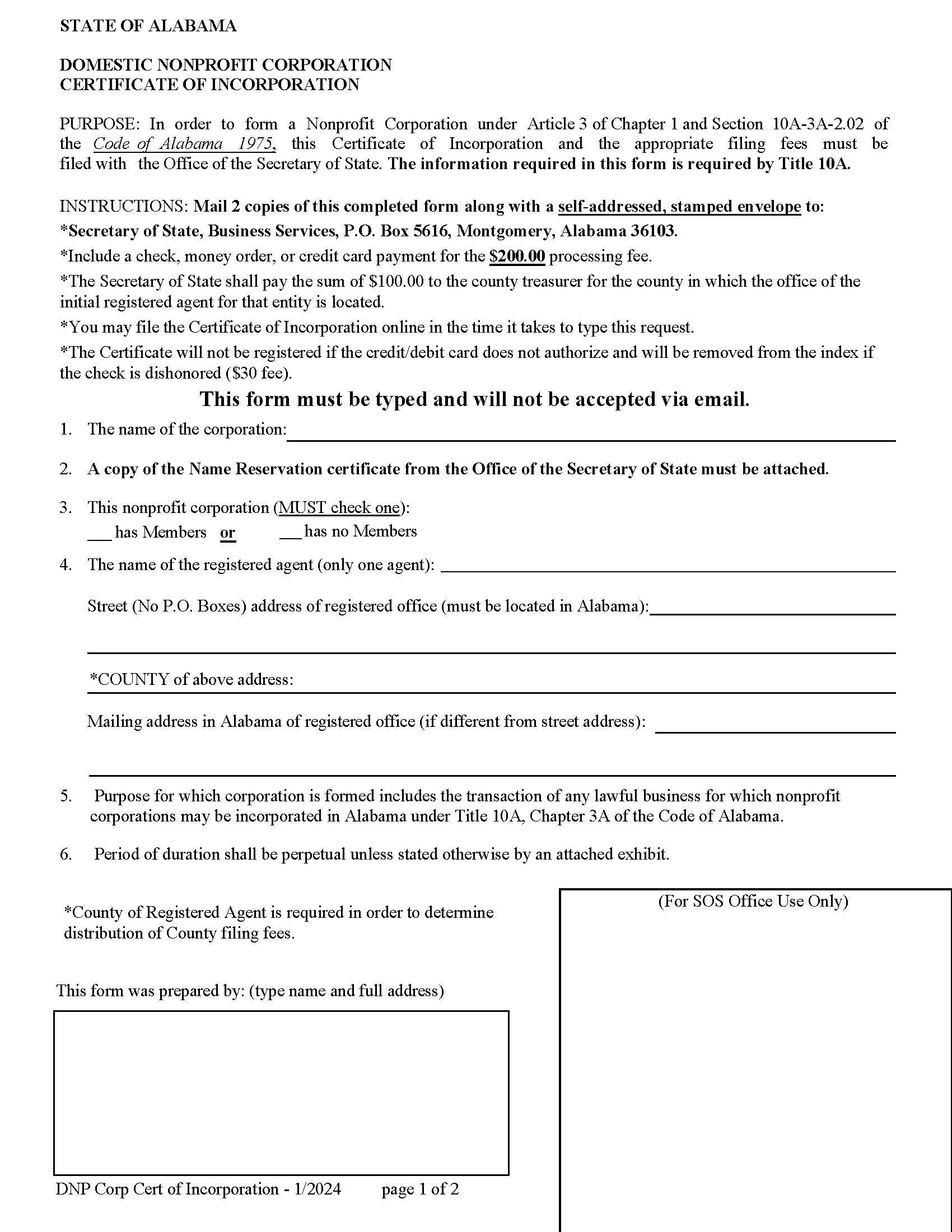 Domestic Nonprofit Corporation Certificate of Formation | Pdf Fpdf Docx | Alabama