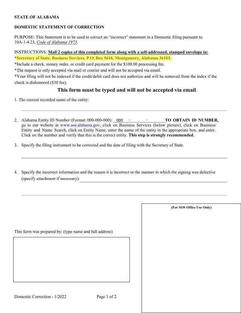 Domestic Statement Of Correction | Pdf Fpdf Docx | Alabama