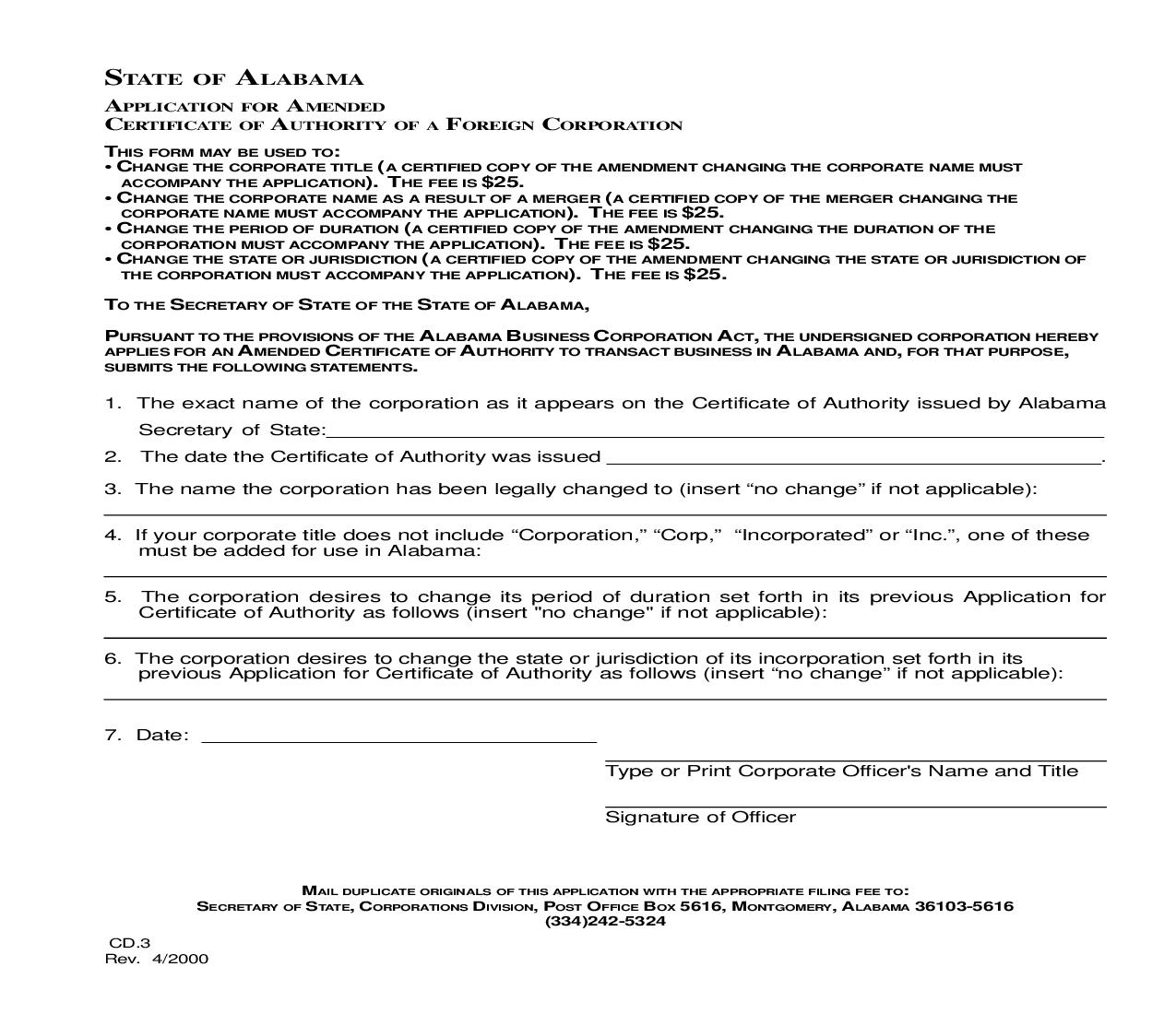 Application For Amended Certificate Of Authority |  | Alabama