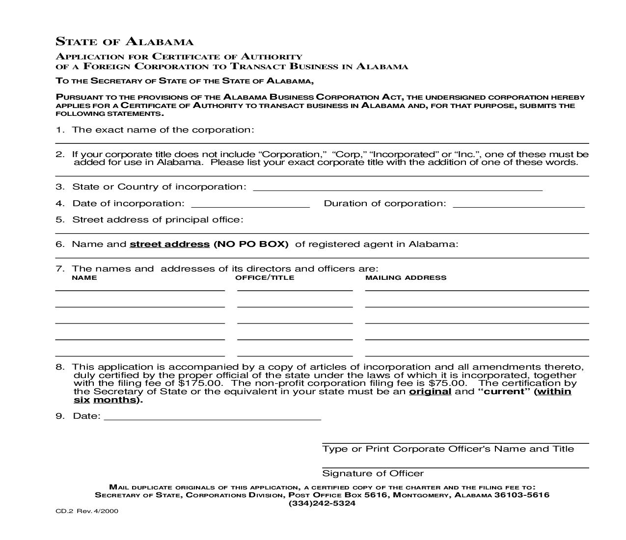 Application For Certificate Of Authority |  | Alabama