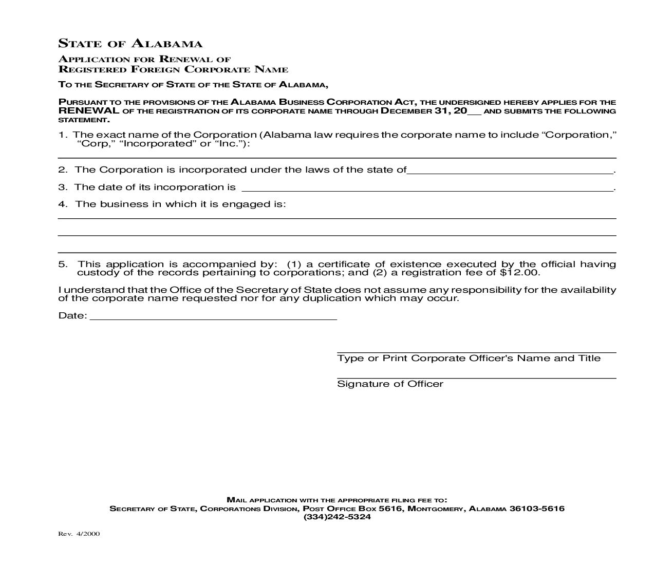 Application For Renewal Of Registered Foreign Corporate Name |  | Alabama
