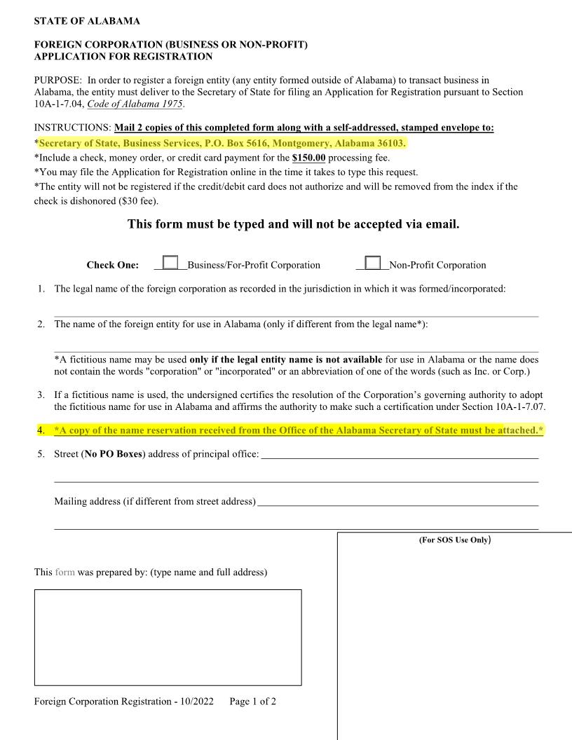Foreign Corporation (Business Or Non-Profit) Application For Registration | Pdf Fpdf Docx | Alabama