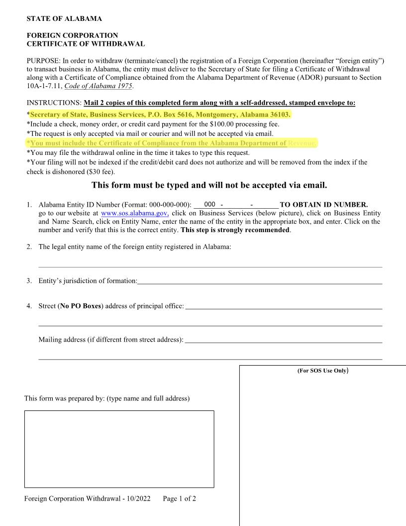 Foreign Corporation Business Or Non Profit Certificate Of Withdrawal | Pdf Fpdf Docx | Alabama