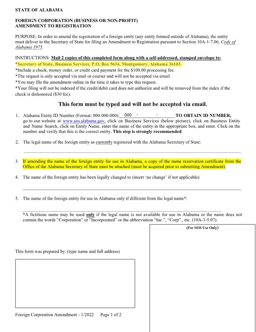 Foreign Corporation Business or Non-Profit Amendment To Registration | Pdf Fpdf Docx | Alabama