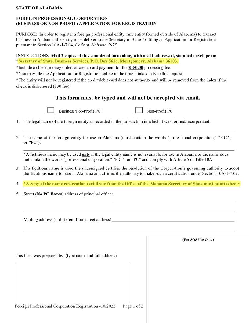 Foreign Professional Corporation Business Or Non-Profit Application For Registration | Pdf Fpdf Docx | Alabama