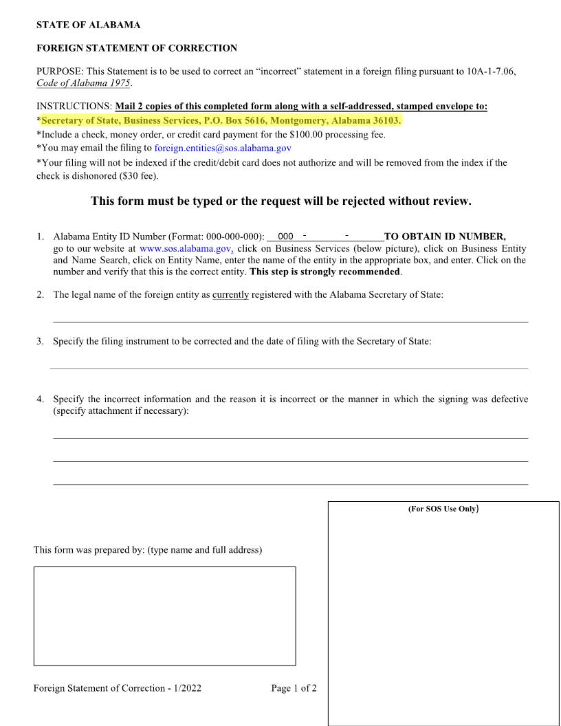 Foreign Statement Of Correction | Pdf Fpdf Docx | Alabama