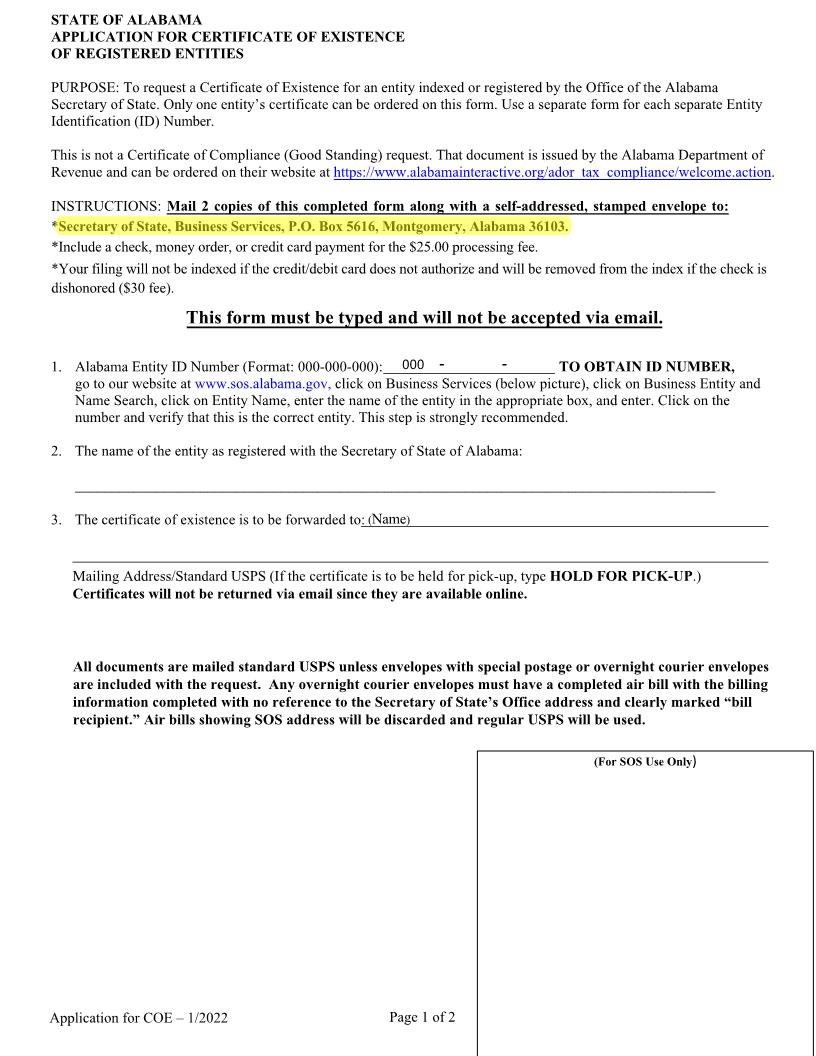 Application for Certificate of Existence {COE} | Pdf Fpdf Doc Docx | Alabama