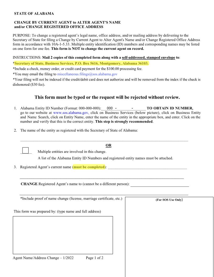 Change By Agent Of Agent Name And Or Registered Office | Pdf Fpdf Docx | Alabama
